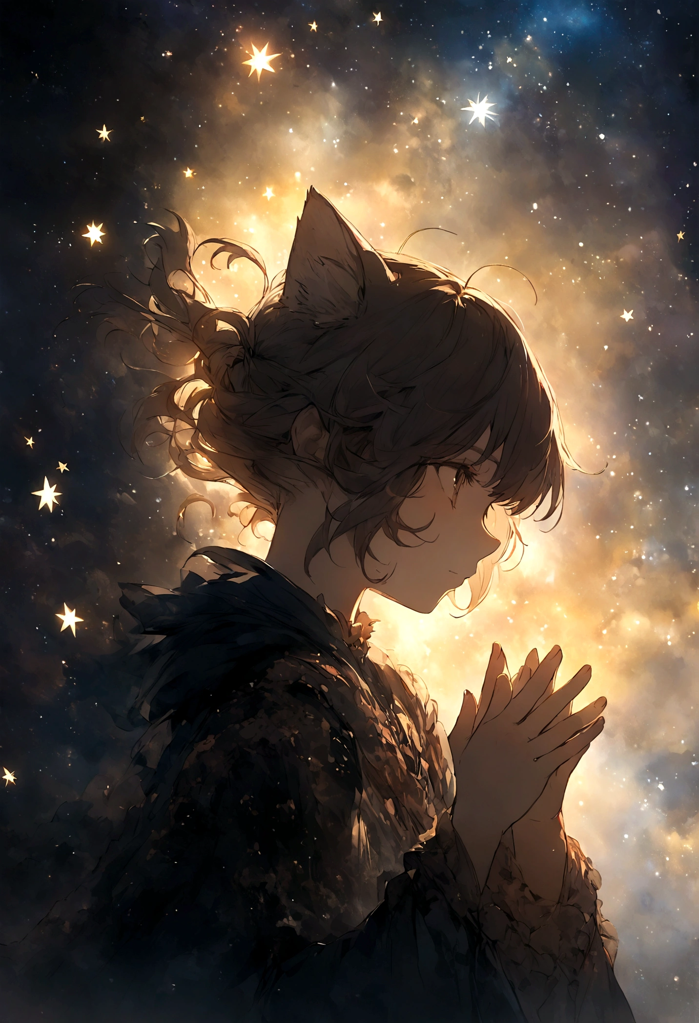 Kitten makes a wish towards the stars, in profile, hands together looking at the starry sky, fantasy world, illustration, highest image quality