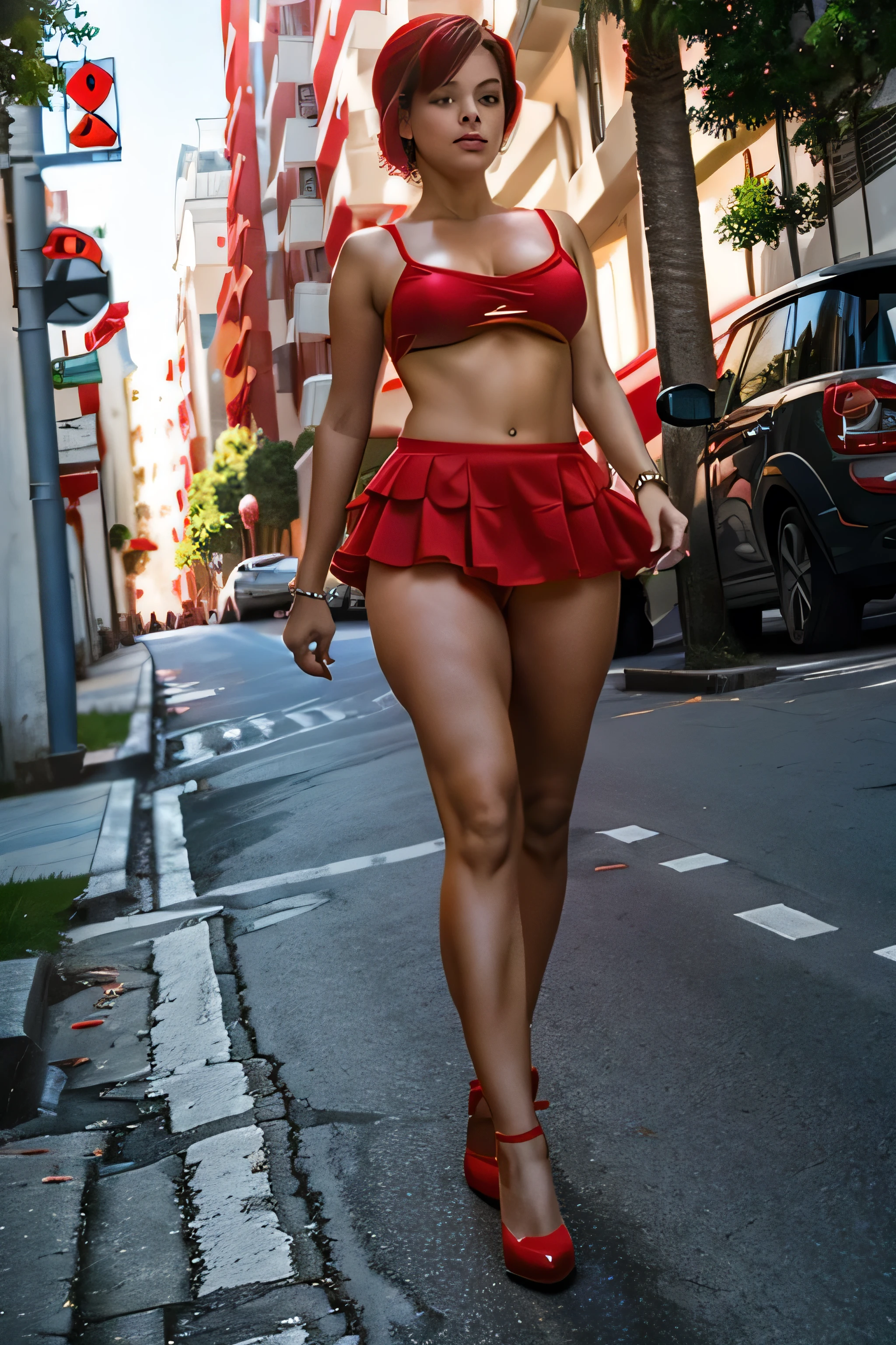 woman in red mini dress, walking, very sexy, full body, ultra mini skirt,nice legs, walking , sexy fat white legs