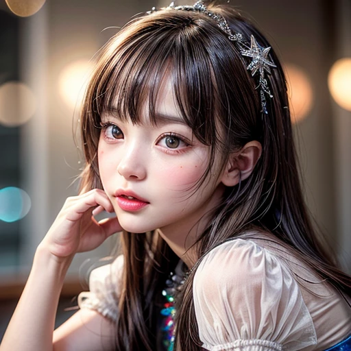 NSFW, 8k, High-level, absurd, masterpiece, best quality, primitive, very detailed CG, very detailed wallpaper, perfect lighting, Extremely detailed (((The personifying " Snow White " as a  Girl))), MysticSight, Tyndall effect, Tyndall scattering, Studio gray background with (many Dazzling RainbowColor particles BokeH:1.28), (RoundlyButts, ThighGap), (Exposed:0.4), (Assfocus with looking ahead), BREAK (NOGIZAKA face variations) Extremely Detailed very KAWAII face variations, perfect anatomy, Childish, captivating gaze, elaborate detailed Eyes with (sparkling highlights:1.28), long eyelashes、Glossy RED Lips with beautiful details, Coquettish tongue, Rosy cheeks, Radiant PearlSkin with clear transparency . { (Dynamic LifeLike expressions:1.4) | :d) }, (large eyes:-1) .