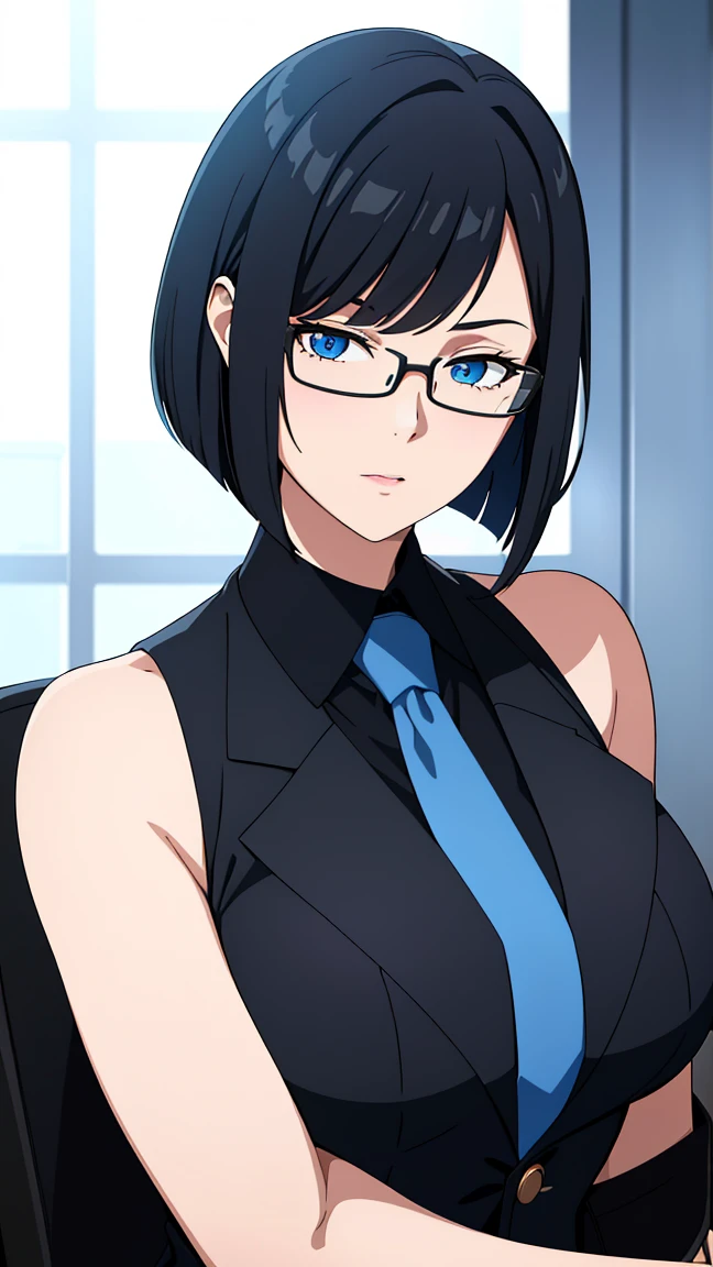 (best quality:1.5, highres, UHD, 4K, detailed eyes, detailed lighting, detailed hair, shaders), black hair, bob cut, hair covering one eye, cool woman, cool girl, sharp eyes, blue eyes, beautiful, large breasts, formal suit sleeveless, necktie, jacket, with glasses