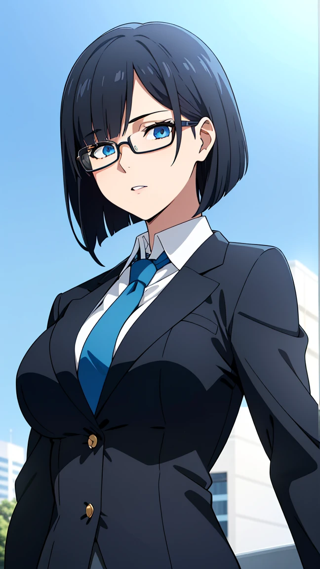 (best quality:1.5, highres, UHD, 4K, detailed eyes, detailed lighting, detailed hair, shaders), black hair, bob cut, hair covering one eye, cool woman, cool girl, sharp eyes, blue eyes, beautiful, large breasts, formal suit sleeveless, necktie, jacket, with glasses