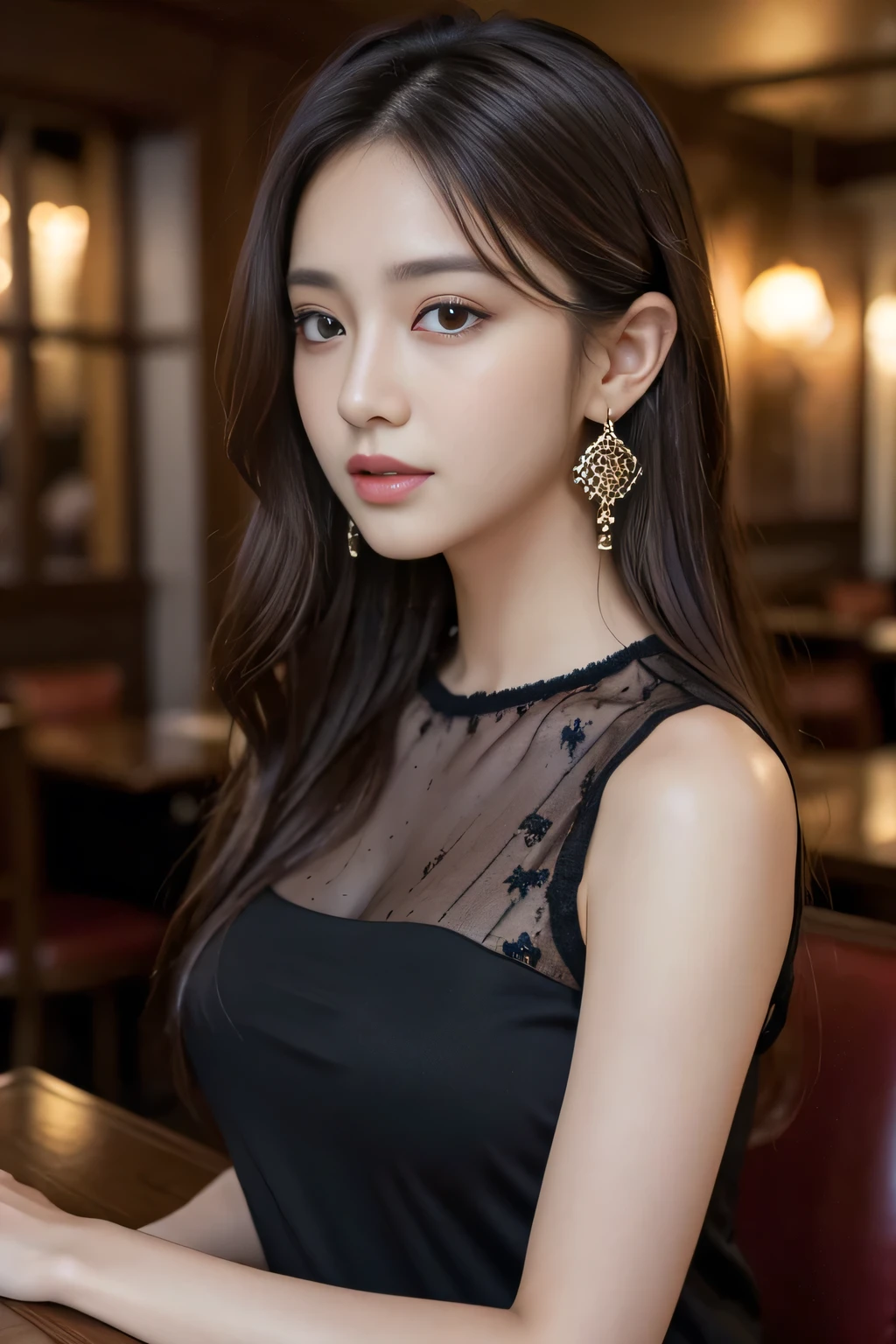 masterpiece, highest quality, Realistic, Very detailed, Finer details, High resolution, 8k wallpaper, One beautiful woman, Wear a black see-through shirt, In a great restaurant, At night, Light brown messy hair, Perfect dynamic composition, Beautiful and beautiful eyes、Big earrings,Sleeveless shirt、