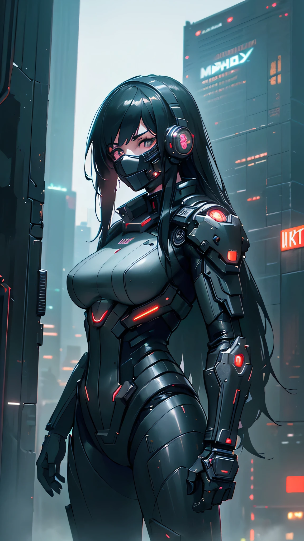 a highly detailed cyberpunk girl with a black mechanical mask, long black hair, in a cityscape with skyscrapers, (best quality,4k,8k,highres,masterpiece:1.2),ultra-detailed,(realistic,photorealistic,photo-realistic:1.37),dark moody lighting,intricate machinery,neon lights,dramatic pose,gritty industrial setting,advanced technology,futuristic architecture