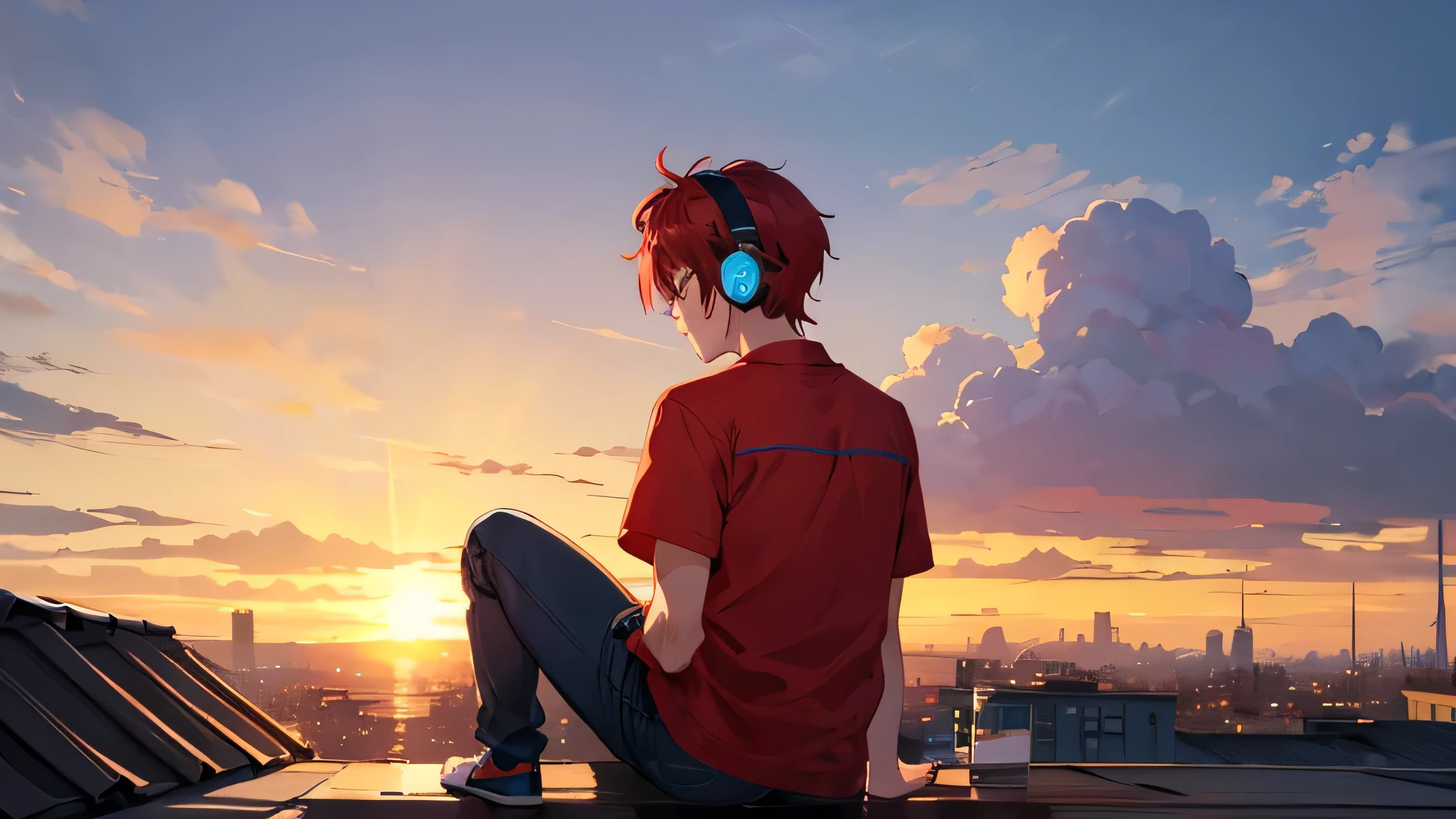 red hair boy, blue headphones, red shirt, back to back admired the sunrise sitting on the edge of a roof