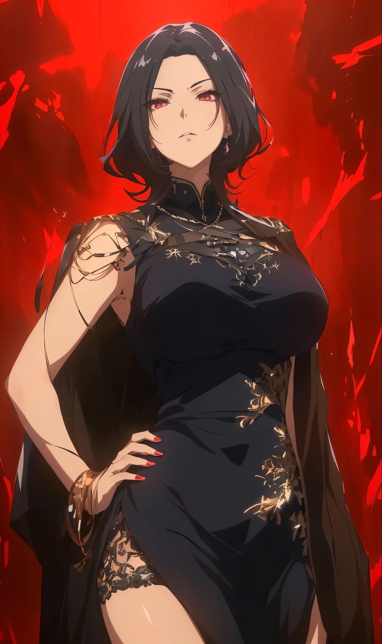 a woman in a black dress standing in front of a red background, black hair, pink eyes,  official art, anime visual of a young woman, in the anime film, shuushuu anime image, a very beautiful berserker woman, portrait of a female anime hero, anime girl wearing a black dress, full body close-up shot