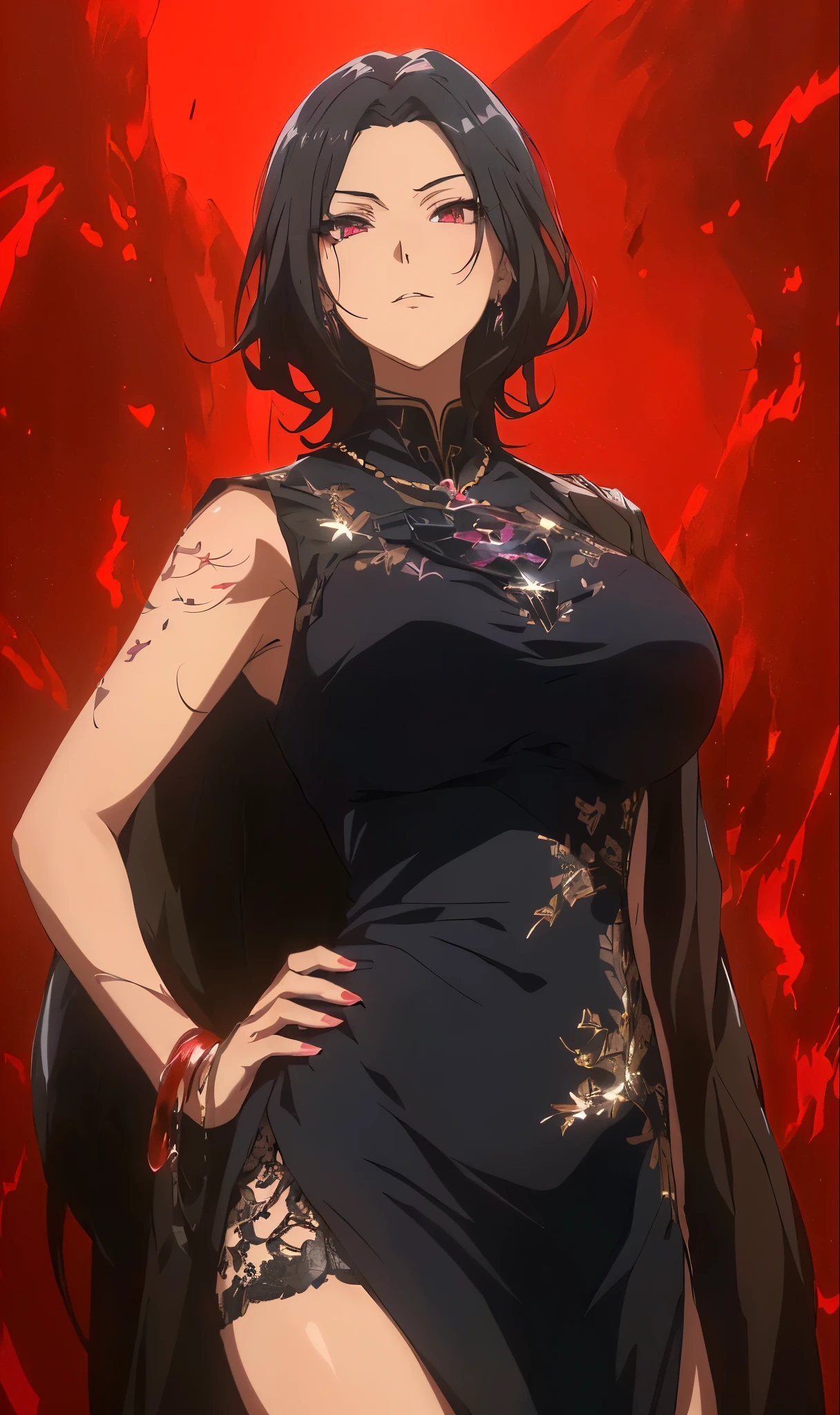 a woman in a black dress standing in front of a red background, black hair, pink eyes, official art, anime visual of a young woman, in the anime film, shuushuu anime image, a very beautiful berserker woman, portrait of a female anime hero, anime girl wearing a black dress, full body close-up shot