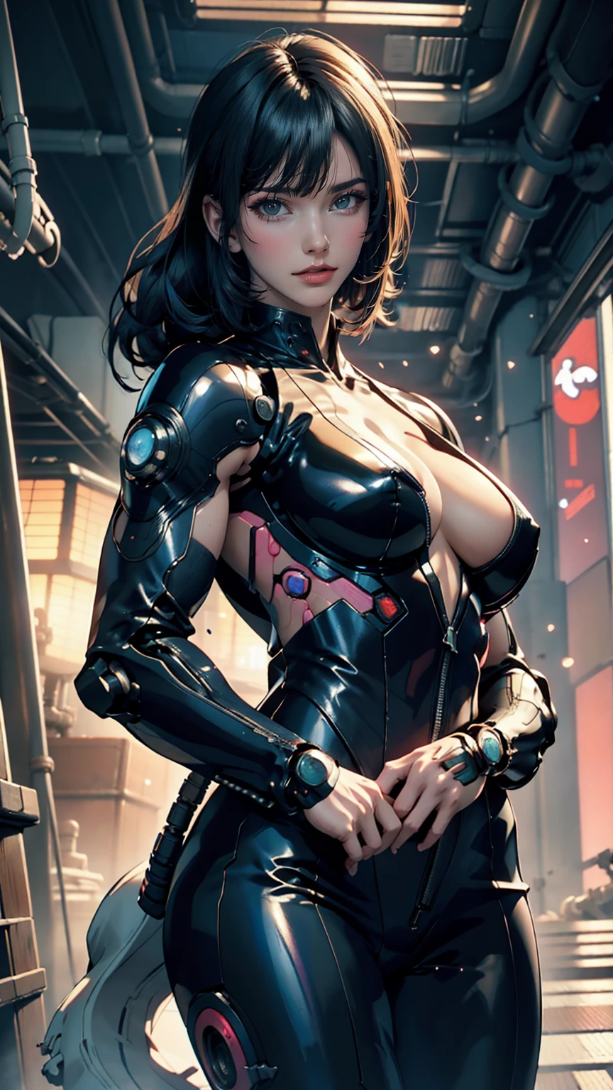 Ghost in the Shell in 90s vintage anime style, Robotics, SF, Futuristic, Surrealism, Akira Style, First action, Detailed line drawing, Fine details, Greg Rutkowski Makoto Shinkai Kyoto Animation Key Art Feminine Eye Shot、Kusanagi Motoko、Black Leather Suit