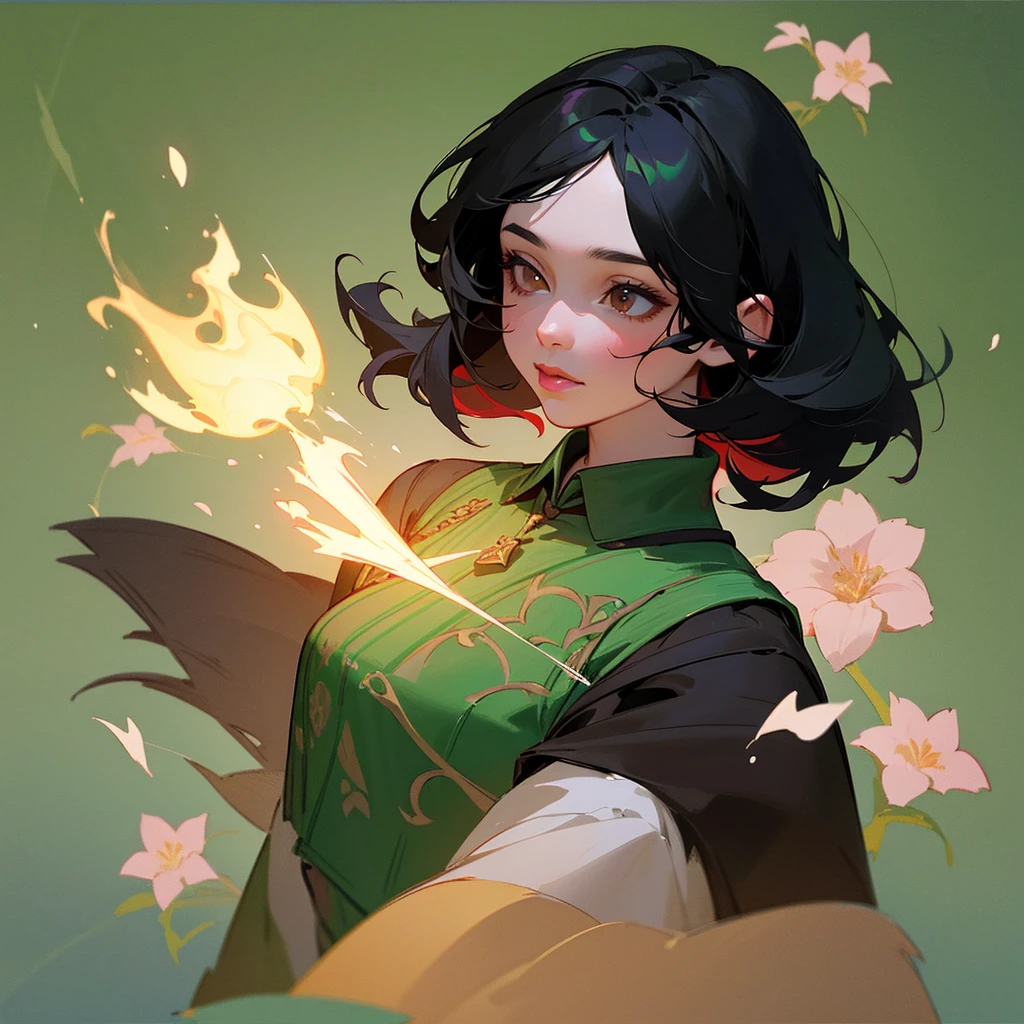 a girl with black hair and brown eyes, half body , from Hogwarts' Slytherin house. making spells and potions at night outdoors  scent),(painting, drawing, or digital art), multicolored/gradient lips,(floral background:1.2)