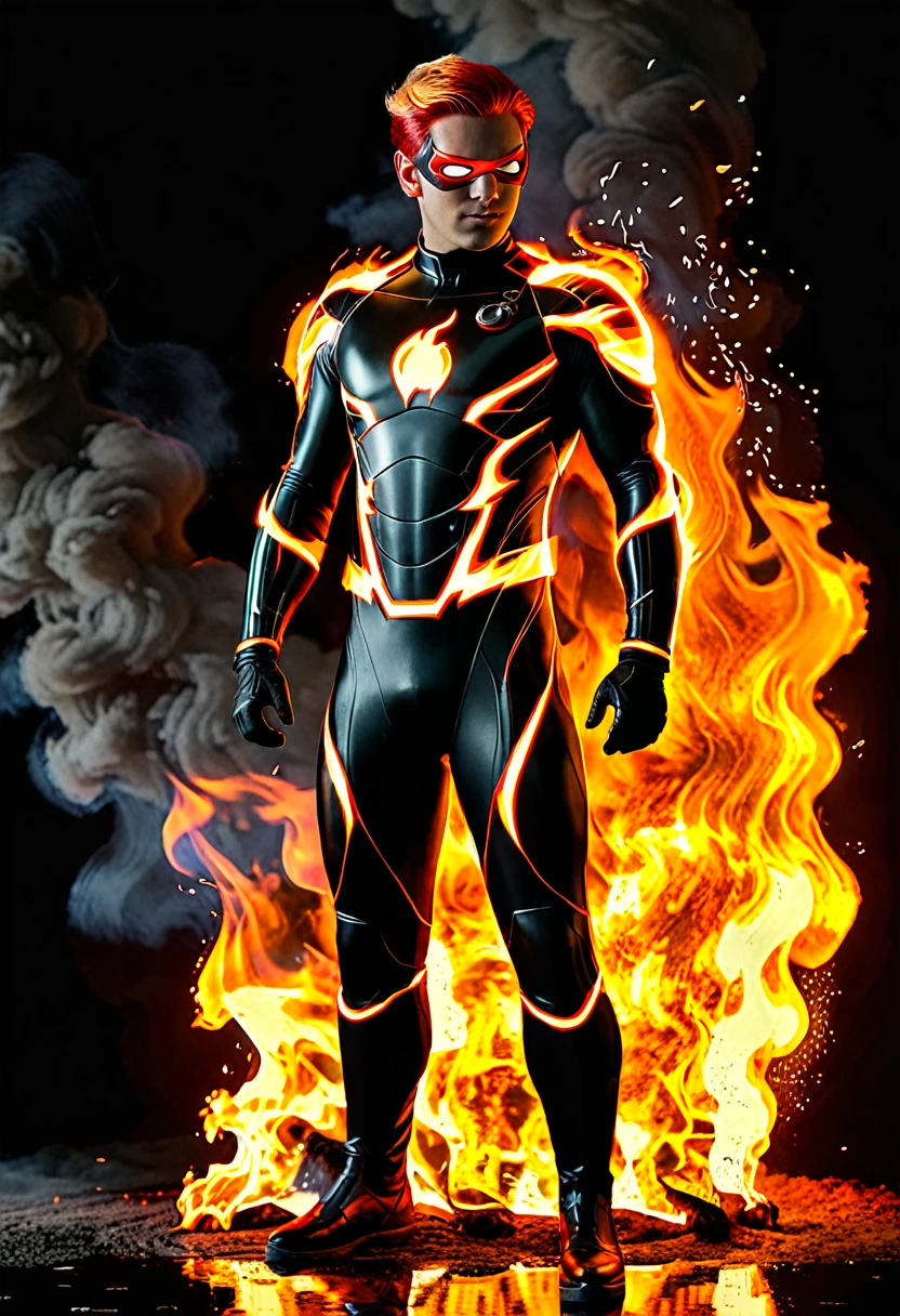 arafed man in a costume standing in front of a black background, man in full body suit, superhero, marvel character, tight neoprene suit, marvel costumes, highly detailed, in style of marvel, cinematic photo (fire_hair:1.9), 1man, fire made costume, costume made of fire, suit on fire, red eyes, fire flowing from his hands, full shoot shoot, realistic, professional photography, fire element, composed of fire elements hrglw, Canon50, short hair, (Raytracing), (real lighting:1.2), (realistic lighting:1.5), (real ilumination:1.2), (realistic ilumination:1.5), (shadows:1.2),(real shadows), (atmospheric light:1.2), 35mm photograph, film, bokeh, professional, 4k, highly detailed