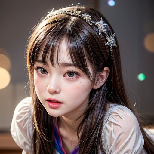 NSFW, 8k, High-level, absurd, masterpiece, best quality, primitive, very detailed CG, very detailed wallpaper, perfect lighting, Extremely detailed (((The personifying " Snow White " as a Little Girl))), MysticSight, Tyndall effect, Tyndall scattering, Studio gray background with (many Dazzling RainbowColor particles BokeH:1.28), (RoundlyButts, ThighGap), (Exposed:0.4), (Assfocus with looking ahead), BREAK (NOGIZAKA face variations) Extremely Detailed very KAWAII face variations, perfect anatomy, Childish, captivating gaze, elaborate detailed Eyes with (sparkling highlights:1.28), long eyelashes、Glossy RED Lips with beautiful details, Coquettish tongue, Rosy cheeks, Radiant PearlSkin with clear transparency . { (Dynamic LifeLike expressions:1.4) | :d) }, (large eyes:-1) .