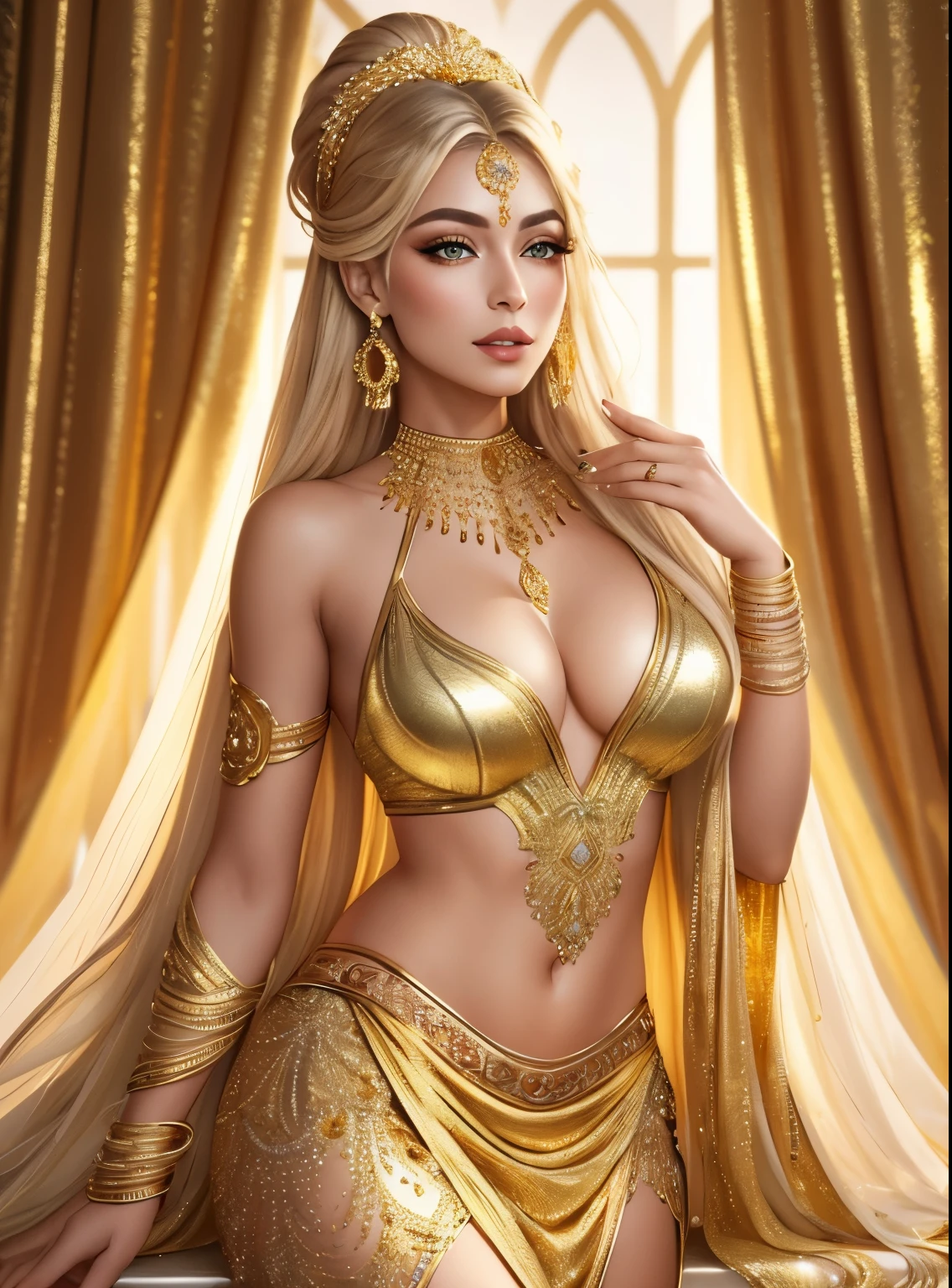 **Goddess of Gold**
   - **Appearance:** A radiant woman with golden eyes, adorned in an outfit of gold and white, symbolizing purity and wealth. Her makeup is luxurious, with gold eyeshadow and shimmering gold lips.
   - **Details:** Her hair is long and luxurious, streaked with shades of gold and platinum, resembling molten metal. The play of light and shade adds a metallic sheen to her appearance, with sunlight reflecting off her golden outfit.
   - **Composition:** The background is a vibrant palette of golds and whites, with intricate patterns adding depth. The entire scene captures the opulence and brilliance of gold, with sharp focus on her detailed face and body.
