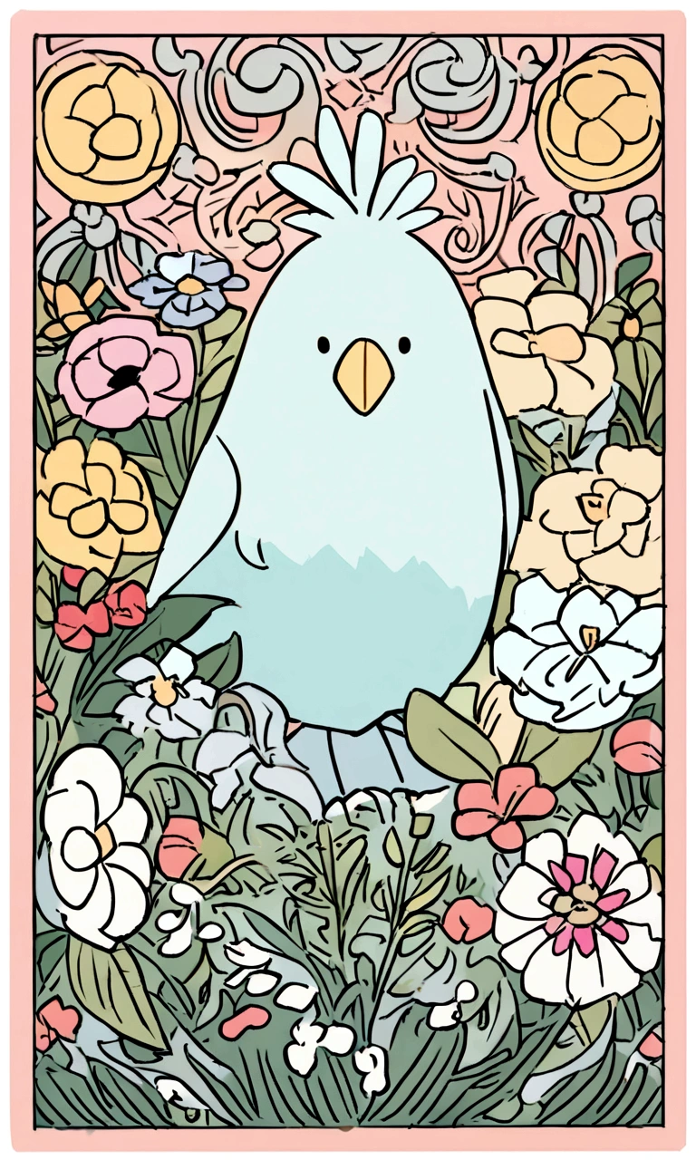 As a coloring book, black and white colors and borders should be simple, clear, distinct, and thick lines.
By Cartoon style of [bird] ,[features], [Place], [flowers]