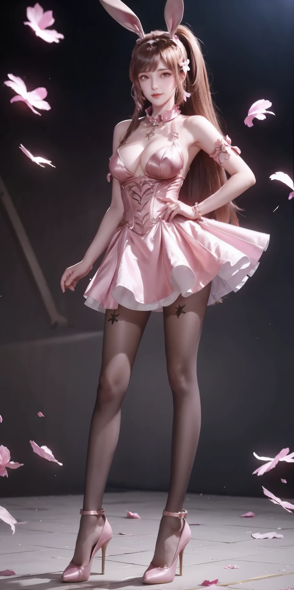 full body，1girl, solo, animal ears, rabbit ears, ponytail, petals, dress, falling petals, brown hair, pink dress, long hair, high heels, very long hair, metal collar, collar, breasts, bare shoulders, medium breasts, pantyhose, closed mouth, hair ornament, looking to the side