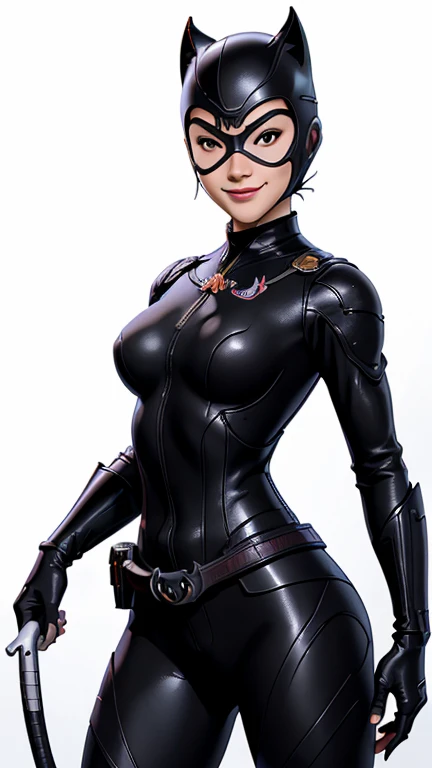 (highest quality, masterpiece, High resolution)、4K Anime Art、(1 beautiful Japan girl、13-year-old)、(cowboy_shot、Natural standing posture、)、 (Detailed depiction of a beautiful face)、Happy smile、Small breast、 (Black plain helmet),  (Black Domino Mask) 、Medium Short Hair、Bob cut、 (Catwoman costume)、(Blank background)、((White Background))、