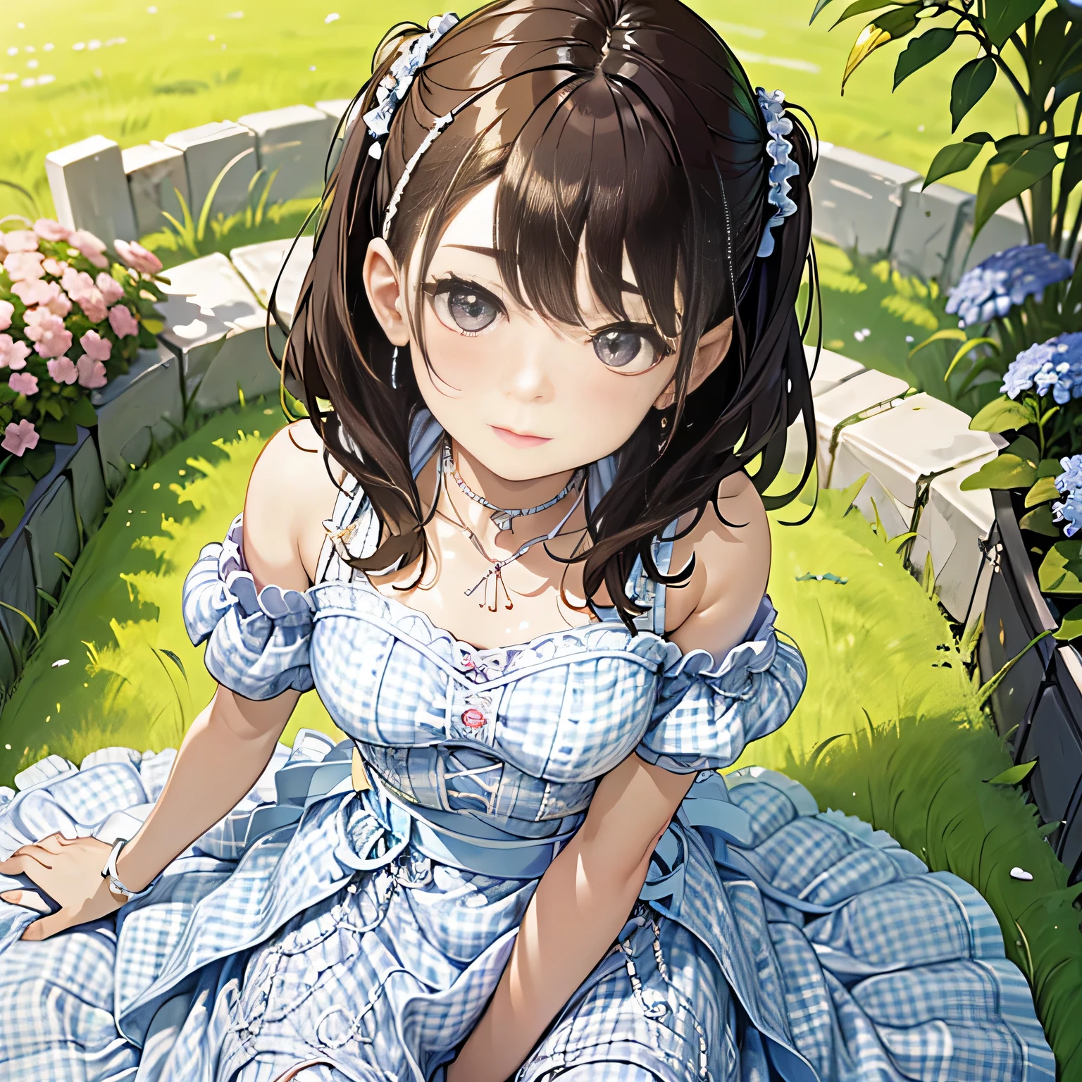 masterpiece, best quality, 1girl, cowboy shot, thighs, beautiful girl, (flowers, many small petals, garden, blue sky), looking at viewer, small waist, official art, raw photo, incredibly absurdres, facelight, dynamic lighting, cinematic lighting, ultra realistic, highres, photography, sharp focus, highest detailed, extreme detailed, ultra detailed, finely detail, extremely detailed eyes and face