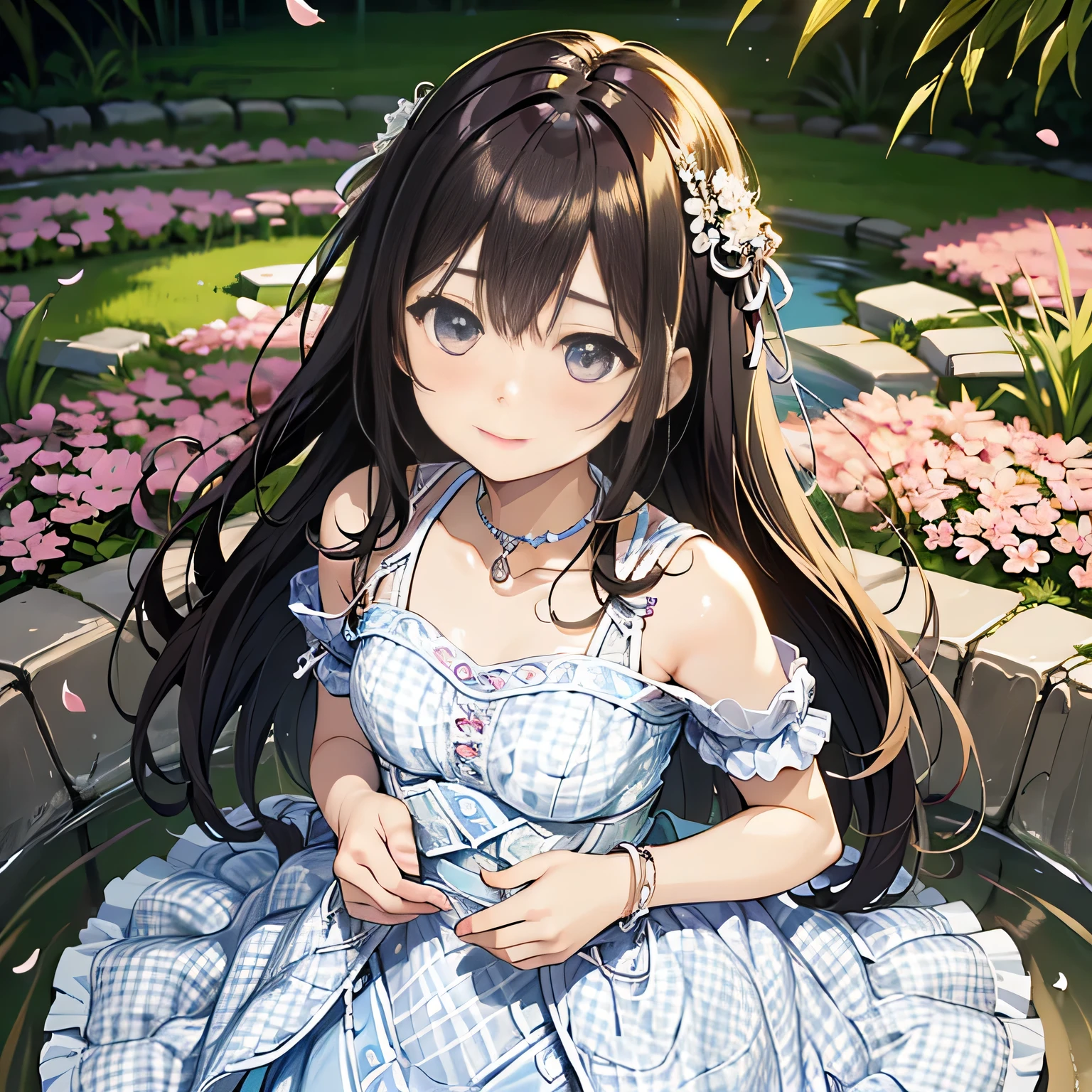 masterpiece, best quality, 1girl, cowboy shot, thighs, beautiful girl, (flowers, many small petals, garden, blue sky), looking at viewer, small waist, official art, raw photo, incredibly absurdres, facelight, dynamic lighting, cinematic lighting, ultra realistic, highres, photography, sharp focus, highest detailed, extreme detailed, ultra detailed, finely detail, extremely detailed eyes and face