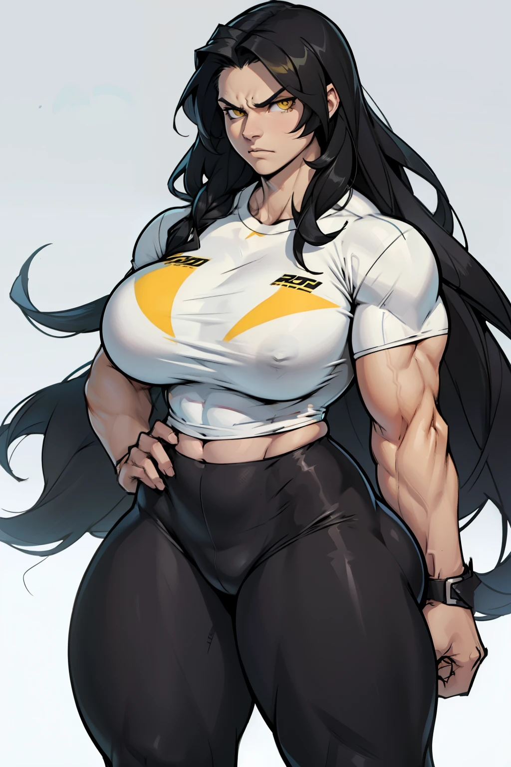 a girl ((muscular)) huge breasts thick thick thick thick very long hair pale skin black hair yellow eyes disappointed leggings tight shirt disappointed disdain digusted annoyed