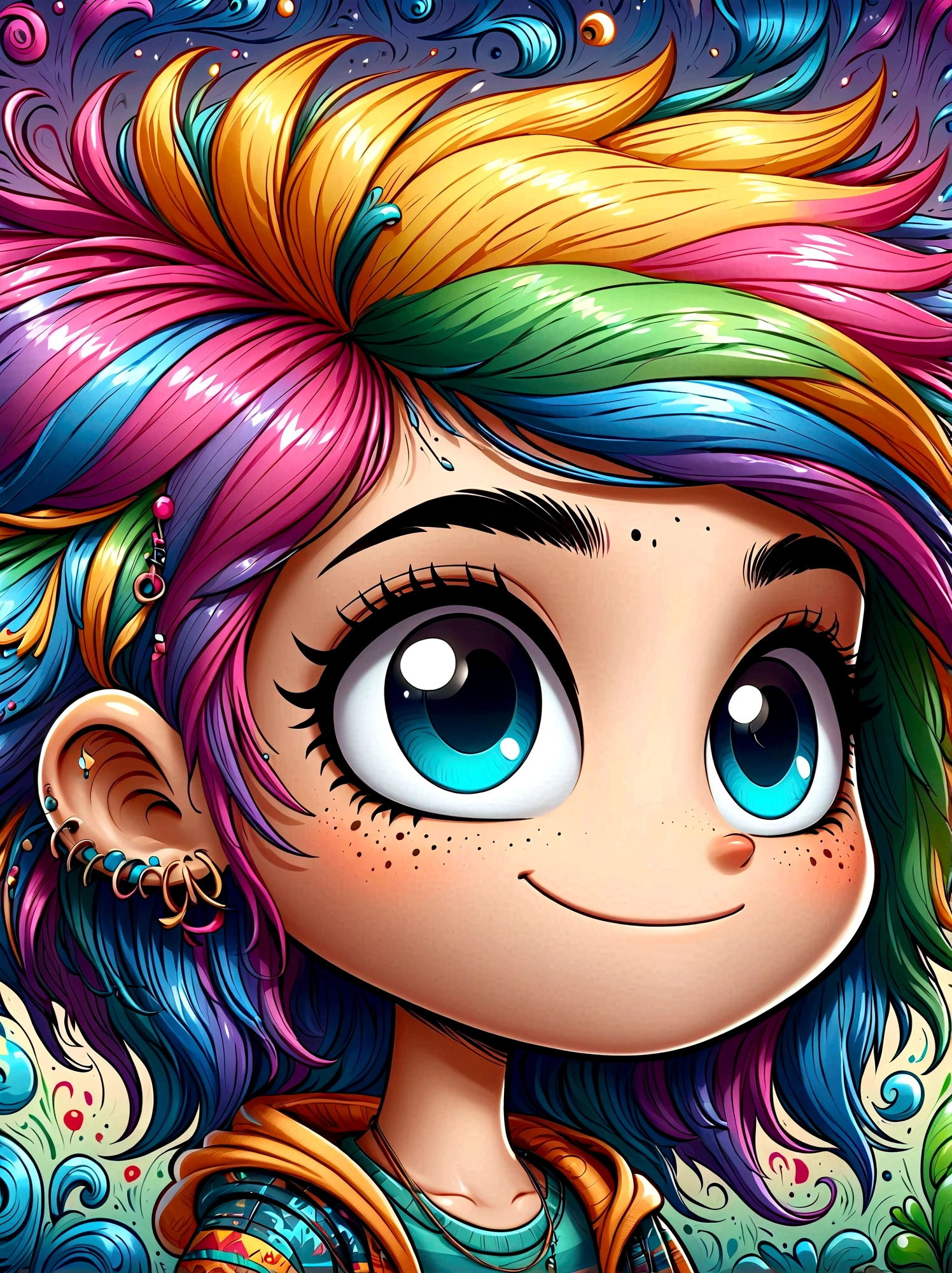 (masterpiece,Best quality:1.2),Graffiti style,Cartoon Characters,Vector illustration,(1boy),solo,side,Large and expressive eyes,Friendly Smile,Gorgeous clothes,Colorful hair,Unique and wild hairstyle,站在Graffiti style的背景前,Add whimsy to the scene