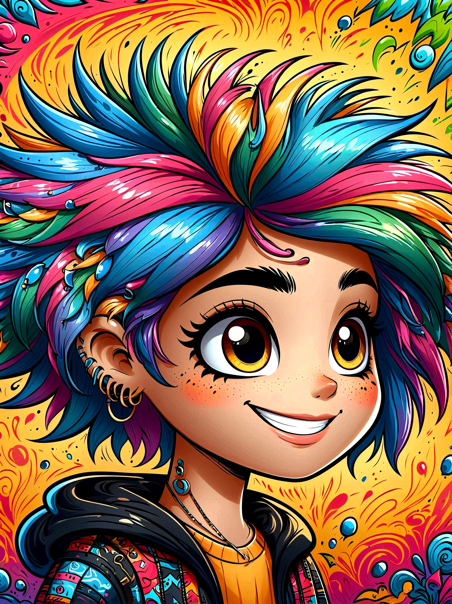 (masterpiece,Best quality:1.2),Graffiti style,Cartoon Characters,Vector illustration,(1boy),solo,side,Large and expressive eyes,Friendly Smile,Gorgeous clothes,Colorful hair,Unique and wild hairstyle,站在Graffiti style的背景前,Add whimsy to the scene