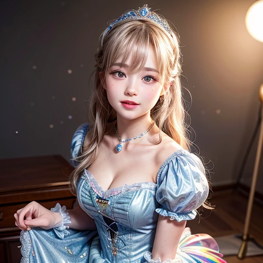 NSFW, 8k, High-level, absurd, masterpiece, best quality, primitive, very detailed CG, very detailed wallpaper, perfect lighting, Extremely detailed (((The personifying " Cinderella " as a Girl))), MysticSight, Tyndall effect, Tyndall scattering, Studio gray background with (many Dazzling RainbowColor particles BokeH:1.28), (RoundlyButts, ThighGap), (Exposed:0.4), (Assfocus with looking ahead), BREAK (NOGIZAKA face variations) Extremely Detailed very KAWAII face variations, perfect anatomy, Childish, captivating gaze, elaborate detailed Eyes with (sparkling highlights:1.28), long eyelashes、Glossy RED Lips with beautiful details, Coquettish tongue, Rosy cheeks, Radiant PearlSkin with clear transparency . { (Dynamic LifeLike expressions:1.4) | :d) }, (large eyes:-1) .
