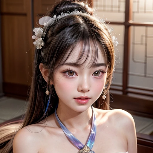 NSFW, 8k, High-level, absurd, masterpiece, best quality, primitive, very detailed CG, very detailed wallpaper, perfect lighting, Extremely detailed (((The personifying " Mulan " as a Little Girl))), MysticSight, Tyndall effect, Tyndall scattering, Studio gray background with (many Dazzling RainbowColor particles BokeH:1.28), (RoundlyButts, ThighGap), (Exposed:0.4), (Assfocus with looking ahead), BREAK (NOGIZAKA face variations) Extremely Detailed very KAWAII face variations, perfect ???????, Childish, captivating gaze, elaborate detailed Eyes with (sparkling highlights:1.28), long eyelashes、Glossy RED Lips with beautiful details, Coquettish tongue, Rosy cheeks, Radiant PearlSkin with clear transparency . { (Dynamic LifeLike expressions:1.4) | :d) }, (large eyes:-1) .