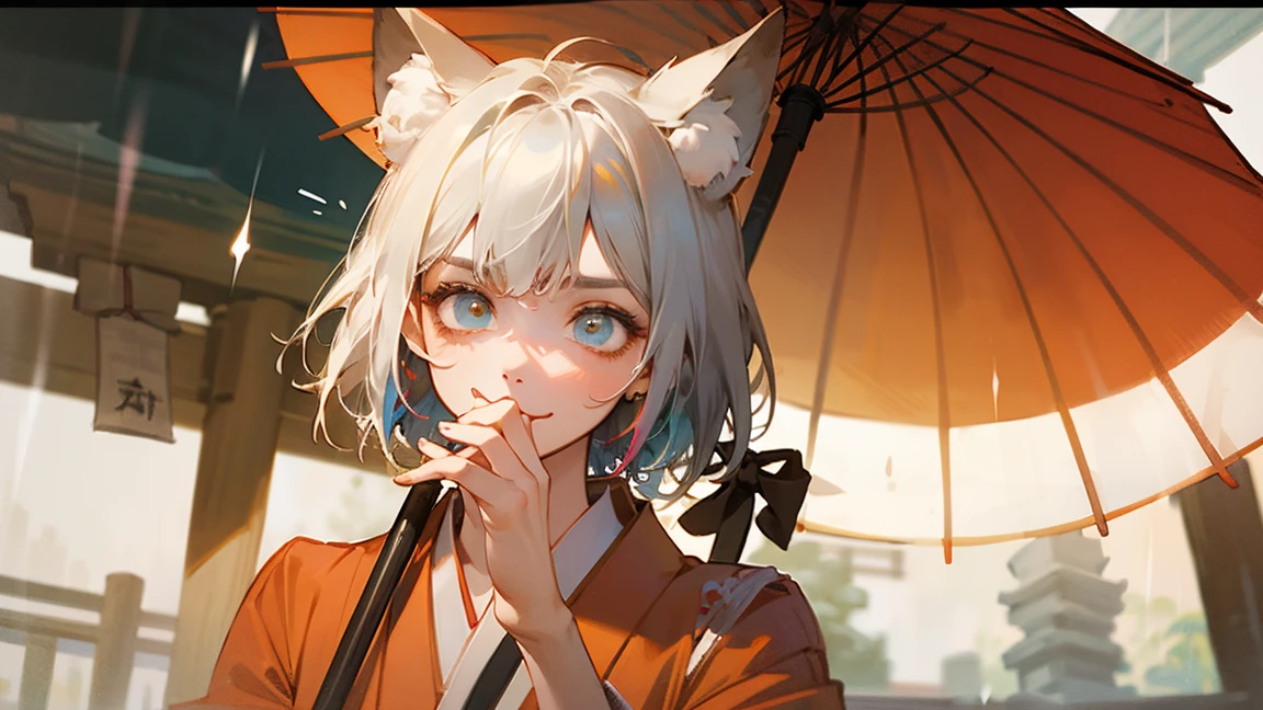 ((masterpiece, best quality) detailed,Pretty Face、beautiful eyes ,Fox ear beauty,Red and gold miko kimono ,Silver short hair ,elegant, (Fox ears),Red Eyeshadow, shy smiley face,look up,Holding a paper umbrella,Rainy Day,Fushimi Inari Taisha Shrine is great mystery Wonderland raindrops sparkle colorfully, 最detailed,Close-up of face,Half face