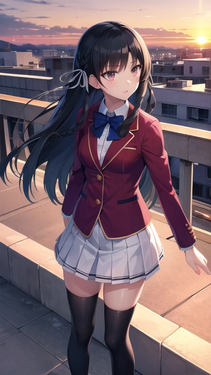 masterpiece, best quality, highres, aasuzune, long hair, black hair, (single braid:1.2), hair ribbon, red jacket, blazer, blue bowtie, long sleeves, white skirt, black thighhighs, sunset, rooftop, standing