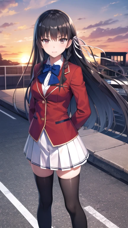 masterpiece, best quality, highres, aasuzune, long hair, black hair, (single braid:1.2), hair ribbon, red jacket, blazer, blue bowtie, long sleeves, white skirt, black thighhighs, sunset, rooftop, standing