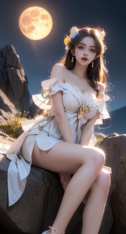 ((Bare shoulders)), ((whole body)), Practical, Fashion Girl, red lips, aldult, cosmetic, big eyes, beautiful eyes, ((whole body)), ((from below)), (best quality, masterpiece:1.2), Super detailed, (Practical:1.37), ((Sexy long legs)), beautiful, Young and energetic, Charming model with, Large Breasts, , (Exquisite eyes, Detailed lips, extremely Exquisite eyes), Show a bright smile, Create stunning girl images, warm color, Extremely high color saturation, Official Art, Extremely detailed CG unified 8k wallpaper,(High Dynamic Range :1.4), (Work),(Soft colors, The color is dull, Soothing tone :1.3), (Natural skin texture, ultra-Practical, Soft Light, sharp),(Very detailed), night, moonlight, ((In the mountains, plant, Leaning against the rocks))