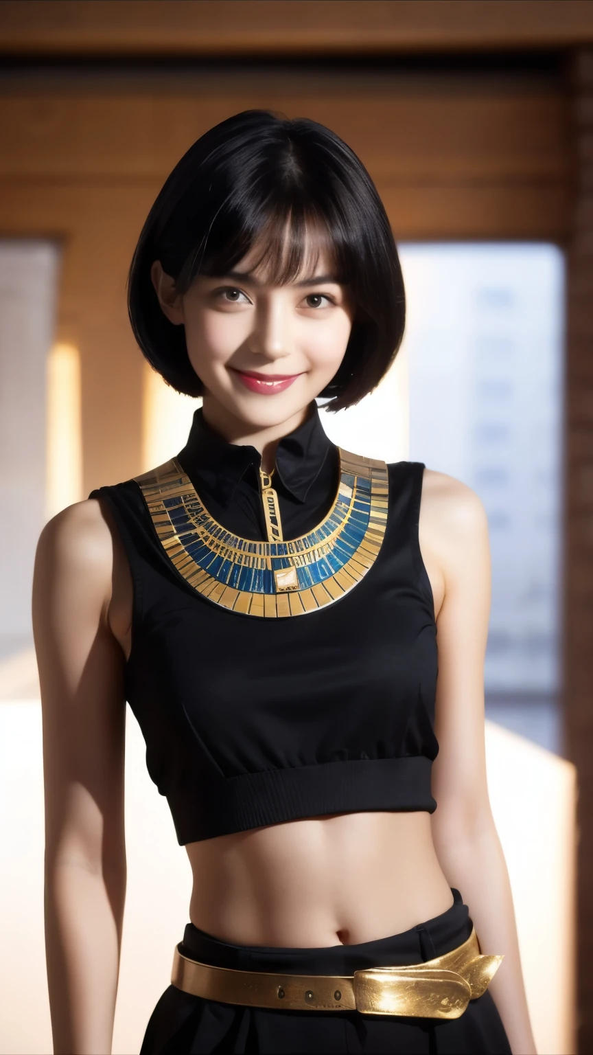 243 20-year-old female, short hair,kind, lipstick, Egyptian civilization, Waist belt, Hieroglyphics, smile
