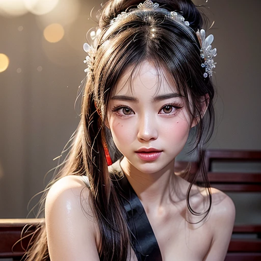 NSFW, 8k, High-level, absurd, masterpiece, best quality, primitive, very detailed CG, very detailed wallpaper, perfect lighting, Extremely detailed (((The personifying " Mulan " as a ))), MysticSight, Tyndall effect, Tyndall scattering, Studio gray background with (many Dazzling RainbowColor particles BokeH:1.28), (RoundlyButts, ThighGap), (Exposed:0.4), (Assfocus with looking ahead), BREAK (NOGIZAKA face variations) Extremely Detailed very KAWAII face variations, perfect anatomy, Childish, captivating gaze, elaborate detailed Eyes with (sparkling highlights:1.28), long eyelashes、Glossy RED Lips with beautiful details, Coquettish tongue, Rosy cheeks, Radiant PearlSkin with clear transparency . { (Dynamic LifeLike expressions:1.4) | :d) }, (large eyes:-1) .