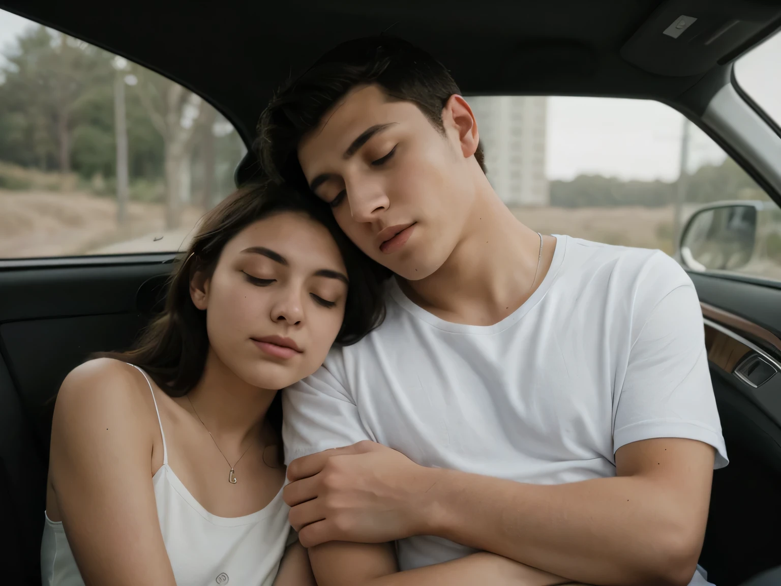 a young man and young woman leaning against each other sleeping in backseat of car, the young man's nose is pressed into the young woman's neck and his arm has fallen across her body, realistic detailed portrait, intimate tender moment, warm lighting, soft colors, depth of field, cinematic composition, photorealistic, masterpiece hyperrealistic, no words