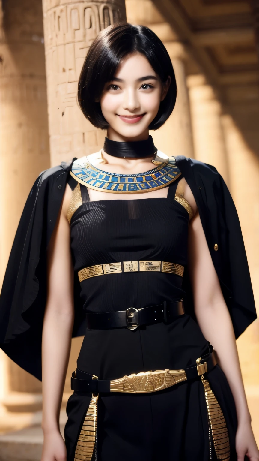243 20-year-old female, short hair,kind, lipstick, Egyptian civilization, Waist belt, Hieroglyphics, smile