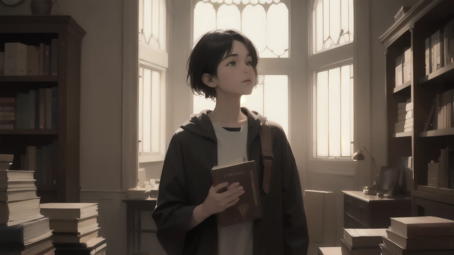 Ollie, pictured in a serene setting, engages with Ruby, bookshelves towering behind them filled with tomes of all shapes and sizes, with a radio in front of him and soft, diffuse sunlight filtering through a large bay window. lighting the conditioned scene, warm and inviting color palette, conversation captured mid-dialogue, facial expressions illustrating patience and wisdom, digital painting, golden ratio, cinematic lighting.
