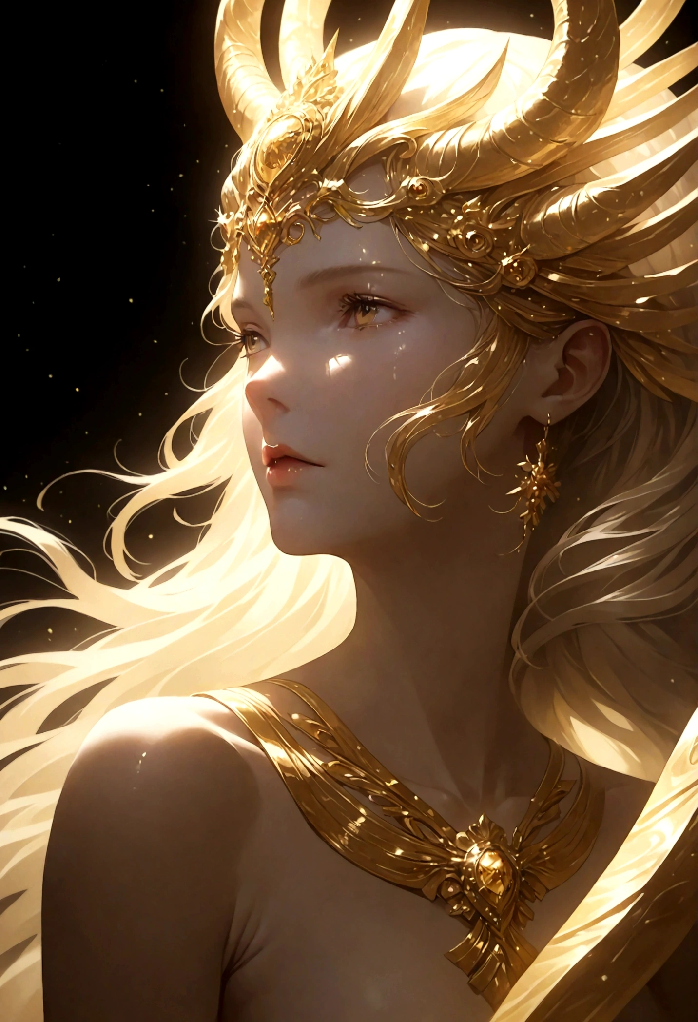 Moon Goddess Statue, Full body portrait, Detailed face, (naked: 1.4), Gold decoration, Gorgeous Background, High Contrast, masterpiece, highest quality, highest quality, Cinema Lighting, Photorealistic