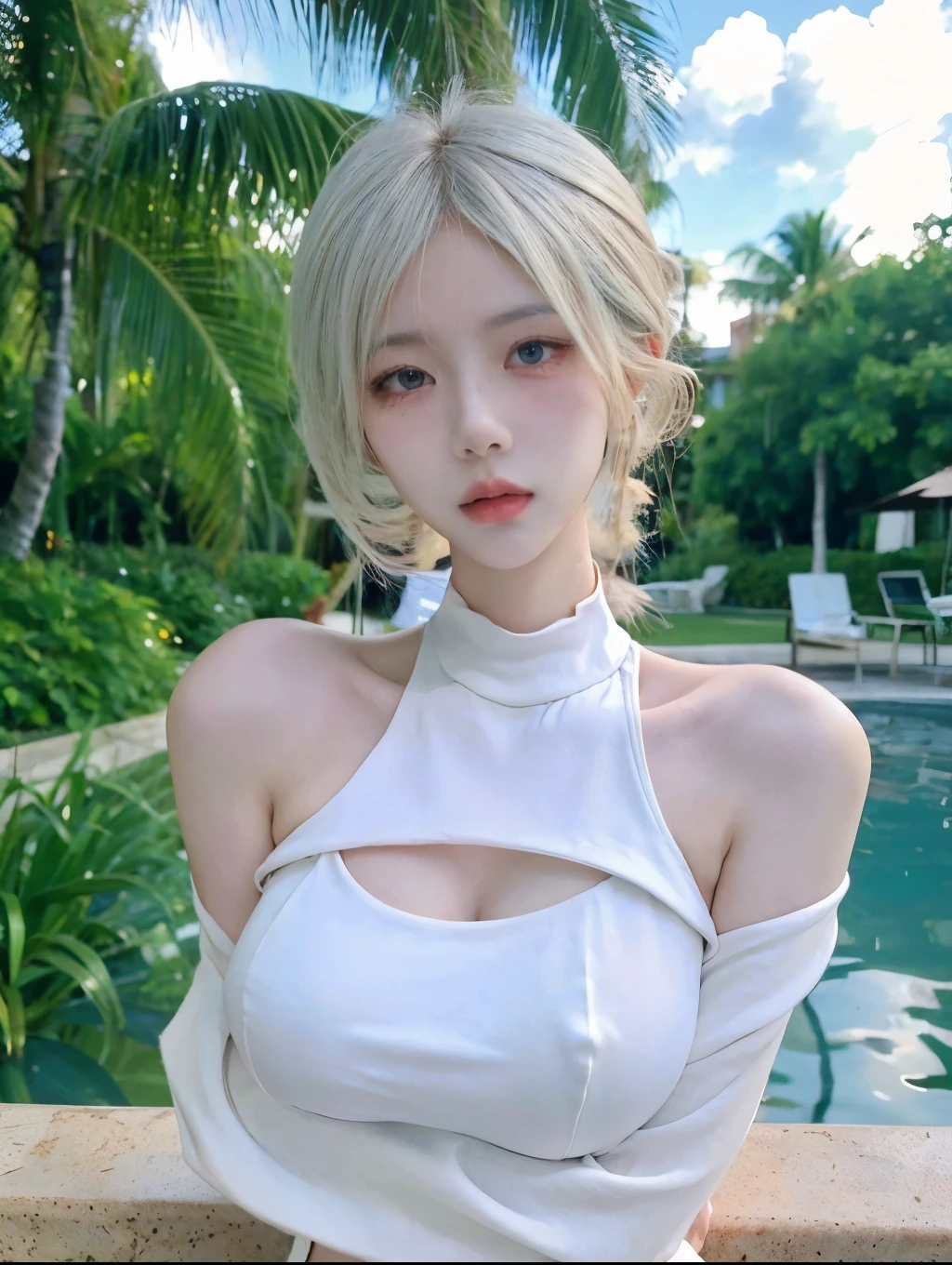 Beautiful woman with perfect body：1.4，layered hairstyle，prominent cleavage，bikini：1.5，ultra short pleated skirt，whole body，Highly detailed facial and skin textures，double eyelids，whiten skin，long white hair