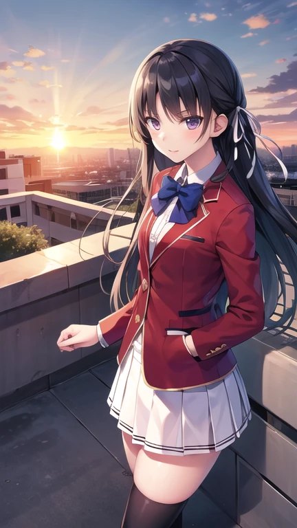 masterpiece, best quality, highres, Horikita Suzune, long hair, black hair, (single braid:1.2), hair ribbon, red jacket, blazer, blue bowtie, long sleeves, white skirt, black thighhighs, sunset, rooftop, standing