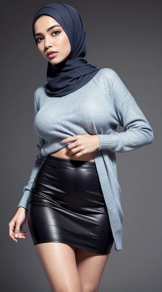 RAW, Best quality, high resolution, masterpiece: 1.3), beautiful Malay woman on hijab (iu:0.8),((big breast)), perfect nose,perfect lips, perfect eyes, detail :1.2),big breast,wearing black skirt and blue sweater, short skirt, short sexy skirt, wearing eloquent long clothes, casual clothing style, simple clothing, wearing eloquent short skirt, modern fashion clothing, casual modern clothing, wearing eloquent clothing, simple dress, graceful smooth body elegant, wearing elegant casual clothes, attractive clothes, wearing long flowing fabrics, modern casual clothes,( body close up)