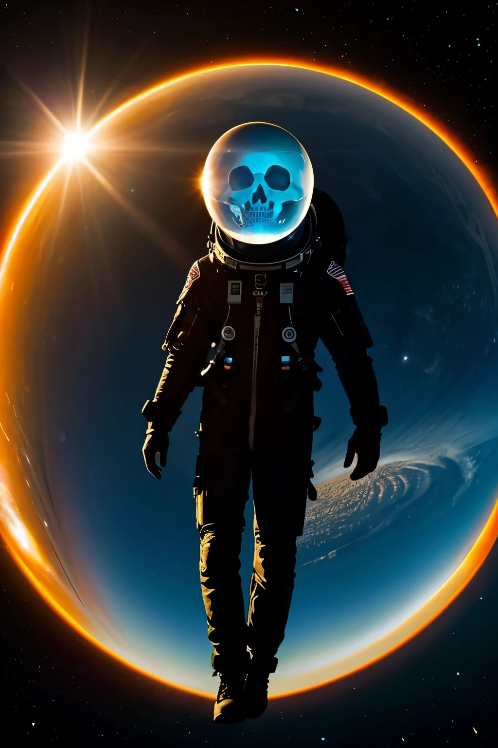 Person floating in space with a skull head and looking at the sun