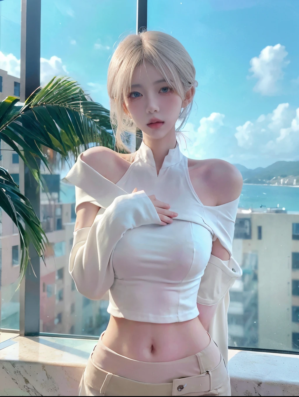 Beautiful woman with perfect body:1.4,layered hairstyle,prominent cleavage,bikini:1.5,ultra short pleated skirt,whole body,Highly detailed facial and skin textures,double eyelids,whiten skin,long white hair