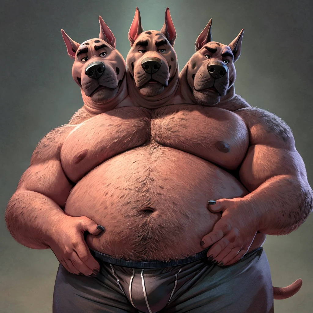 solo, great dane, three identical heads on one body, gray fur, bald, great dane ears, masculine, necks, (eyes), adult, male, 50 years old, (stylized 3d, by disney, by rembrandt, by pixar, by dramamine), obese, solid gray background, (shirtless, underpants), correct hands, correct anatomy, ultradetailed, best quality, detailed masterpiece, highly detailed masterpiece, 4k, (professional cartoon), natural pose, detailed expressions