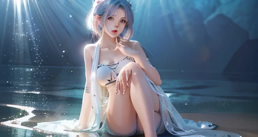 ((Shot in the knee)),（masterpiece、best quality、high resolution），（Color Background，（Splash of Color）），Sweet girl，Light blue and white medium length hair，[Light Blue|pink]hair，curls，Shiny，红pink的嘴唇，The cracks are relatively large，Splash of Color，Volumetric Lighting，Full breasts, elegant gesture, Sexy slender legs