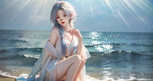 Beautiful and slim perfect body、very long pink hair、cool look、whole body expression、medium breasts、off-shoulder white bikini armor、A long see-through dress that looks like a light blue feather robe、The nipples are transparent、The background is a moonlit lake