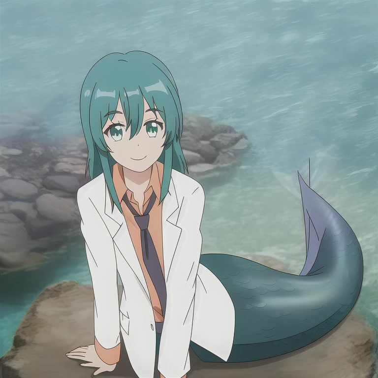 mermaid, mermaid tail below waistline, water, genia, 1girl, solo, long_hair, looking_at_viewer, smile, bangs, blue_eyes, shirt, long_sleeves, hair_between_eyes, closed_mouth, green_eyes, green_hair, necktie, collared_shirt, medium_hair, black_necktie, labcoat, orange_shirt, pince-nez
