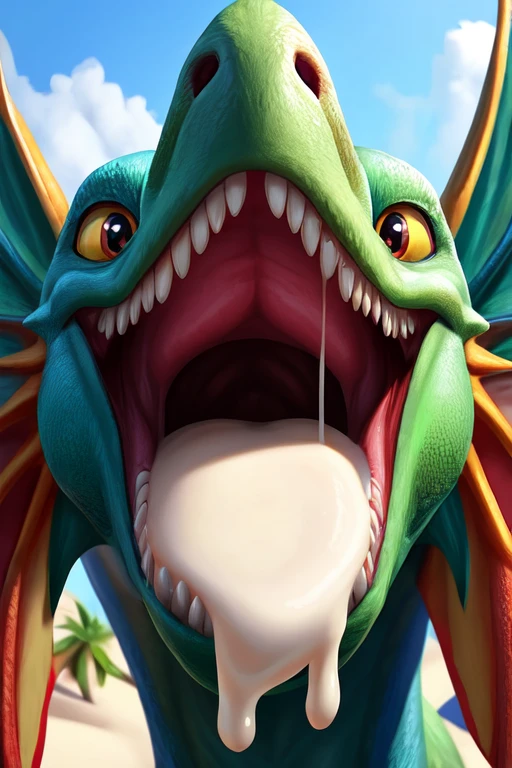 Single mythical powerful, colorful wyvern with no teeth, large wide open mouth coconut with milk dripping inside mouth, surprised face with cute eyes facing the camera close up, photorealistic. Coconut Milk dripping inside mouth.coconut Milk dripping out of mouth. Muscles jaw. Defined wyvern jaw