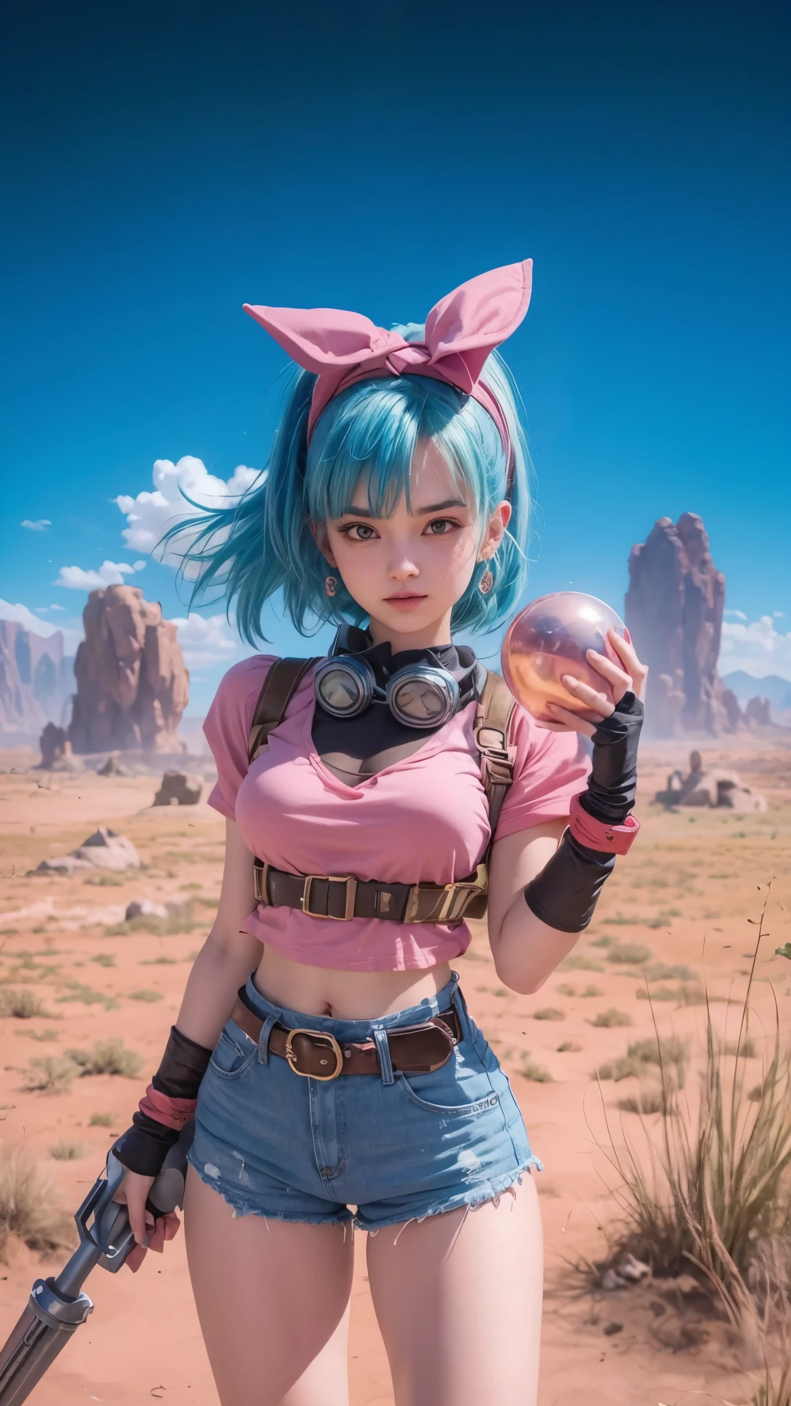 Bulma from Dragon Ball Z pink cro shirt blue denim shorts holding a dragon ball