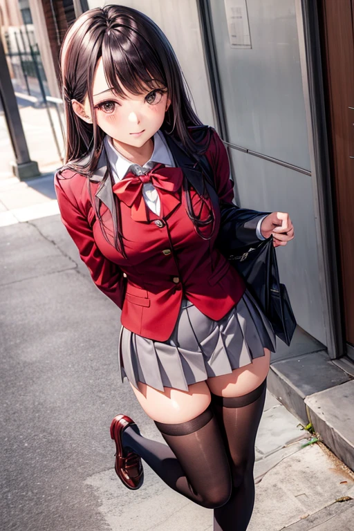 Anna Yamada (school uniform), full body, very short red miniskirt, light gray thigh-high stockings, long legs, sexy pose, showing pussy