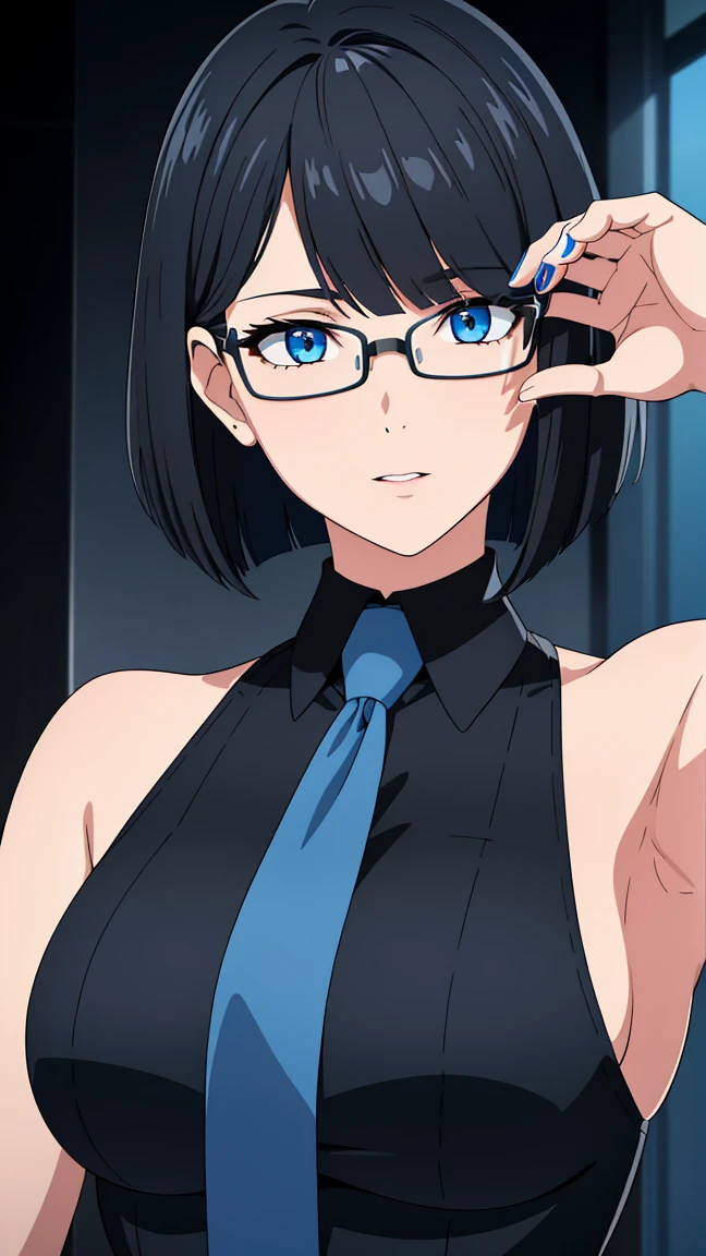 (best quality:1.5, highres, UHD, 4K, detailed eyes, detailed lighting, detailed hair, shaders), black hair, bob cut, hair covering one eye, cool woman, cool girl, sharp eyes, blue eyes, beautiful, large breasts, formal suit, sleeveless, necktie, glasses, armpits, detailed armpits