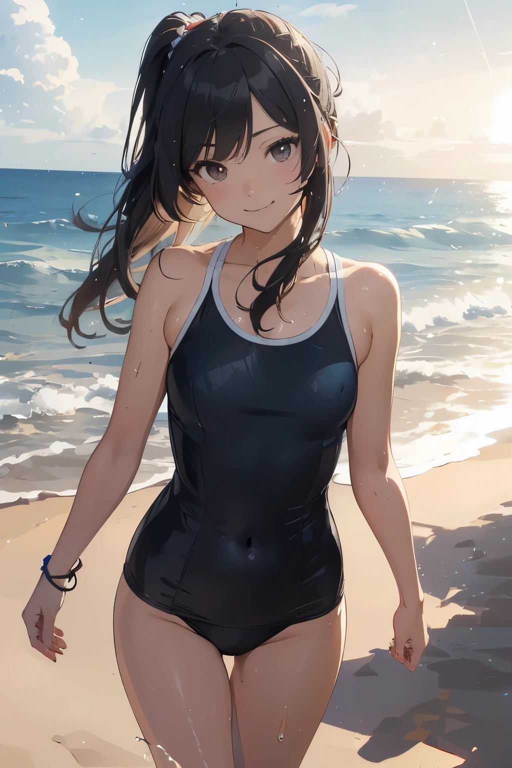 (masutepiece), (Best Quality), hyper detailed illustration，beautiful artwork，(Extreme Detail CG Unity 8K wallpaper、​masterpiece、top-quality)、(exquisite lighting and shadow、highly dramatic picture、cinematic lens effects)、One girl in school swimsuit standing beach, black long haired girl beautiful  Girl, CG Art, anime style 4 k, Seductive Girl, 4k wallpaper, attractive girl, beautiful  Girl, beautiful alluring  Art styles, ，Wake up with water，Wet，(Evil smile)，Brown eyes，Wide blue sky，(Tsurime)，(straggling hair)，Saw，(Wet)，poneyTail，(on the beach)，beach side，(light sparkles)，(light particles)，(strong light coming in)，(head tilt)，(BIG SMILE:1.1)，