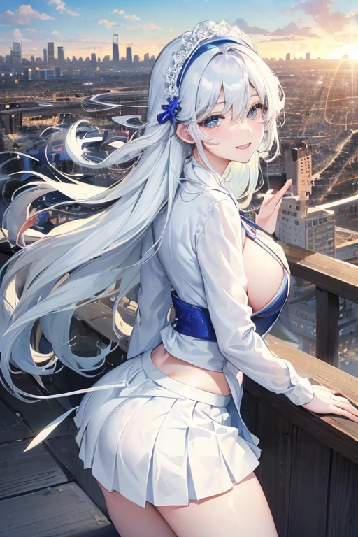 Official Art, masterpiece, Clear focus, (Beautiful, gorgeous and lovely Korean women:1.3), (Beautiful and cute Korean:1.3), Korean beauty, Exquisite and beautiful hair、Eyes and face, Practical, Super detailed, beautiful girl, Blue sky, 夜光White颗粒, (Side Light:1.2), Sunlight, White Cloud, Detailed Cloud, thin and long, Cute big boobs and big ass, grin, ((Smile with your eyes, Open your eyes)), landscape, long, Straight Hair, sexy facial expression, architecture, (city View:1.7), Dynamic Hair, long, Straight Hair, delicate white hair, glowing blue eyes, (blue pleated shirt + White Skirt), White, Pale skin, Hair accessories, epic landscape,Nice ass,Beautiful buttocks ,White高跟鞋,The skirt was lifted